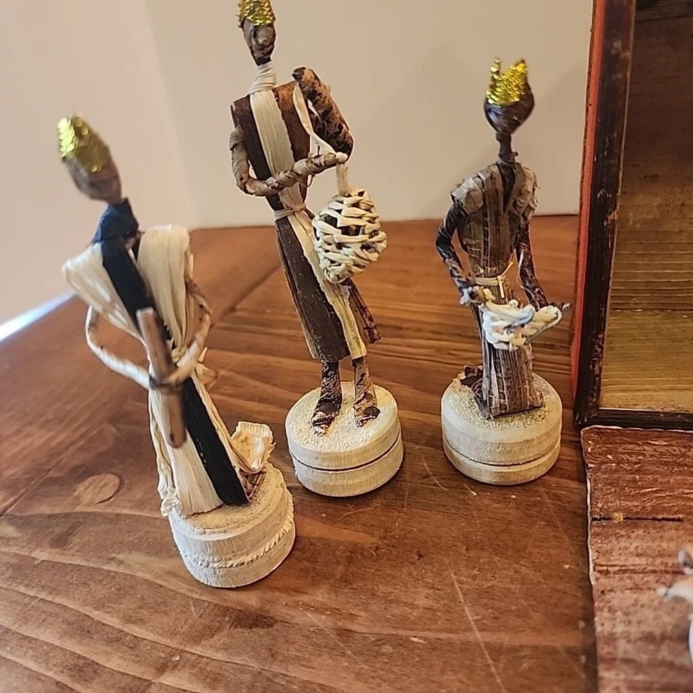 African Christmas Nativity Scene Banana Fiber Wood Unique Holiday Display Tribal